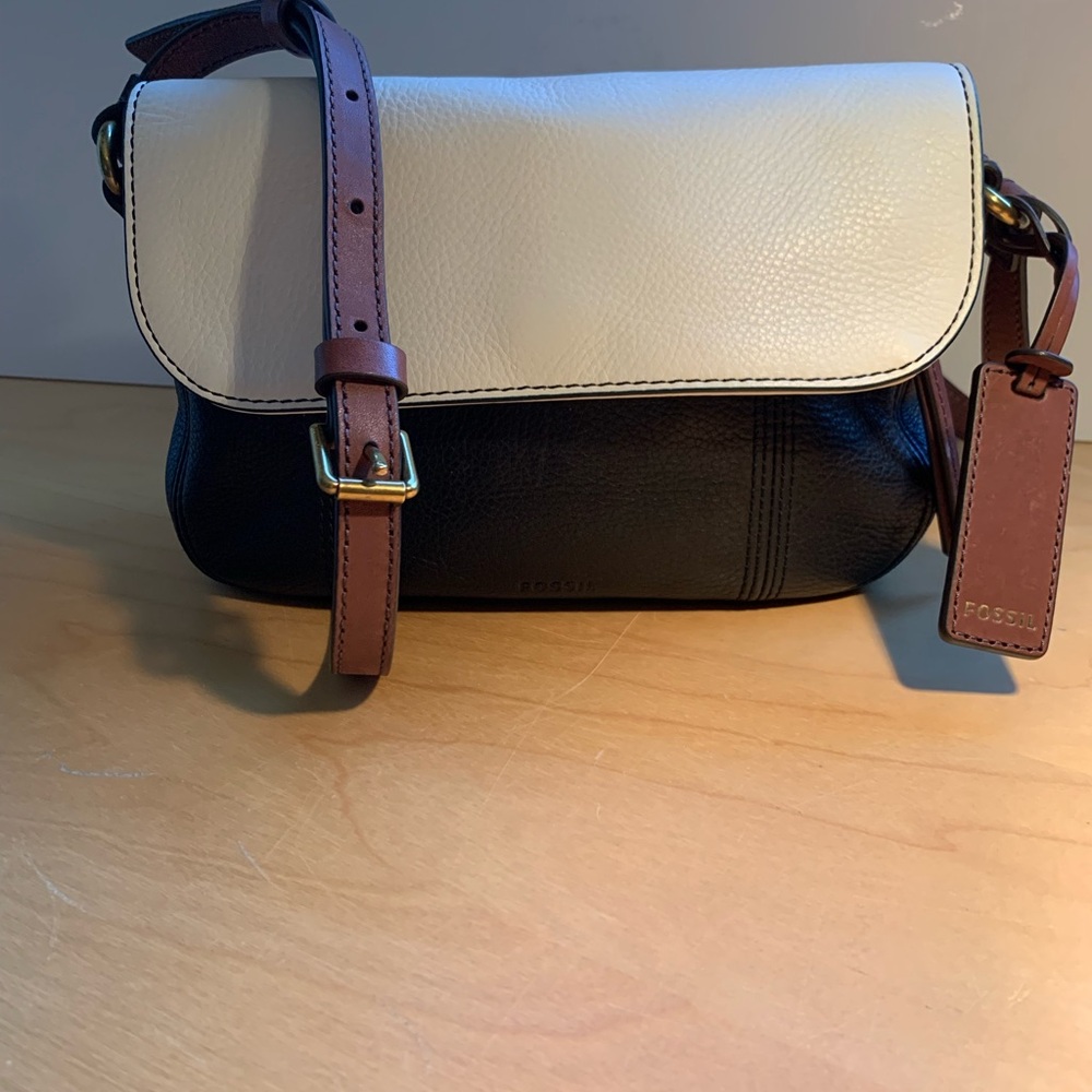 Fossil Black and Cream Leather Crossbody Bag